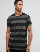 Asos Longline Stripe T-shirt In Khaki And Black