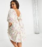 Vero Moda Curve Open Back Mini Smock Dress In Cream Floral-multi