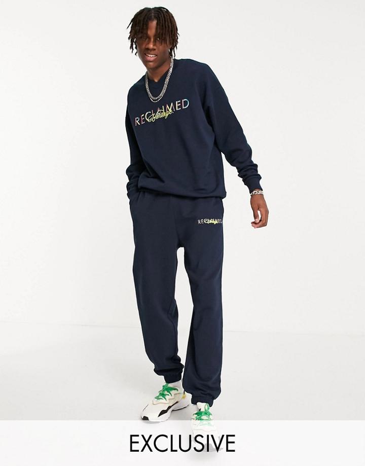 Reclaimed Vintage Inspired 90s Sweatpants With Logo Embroidery-navy