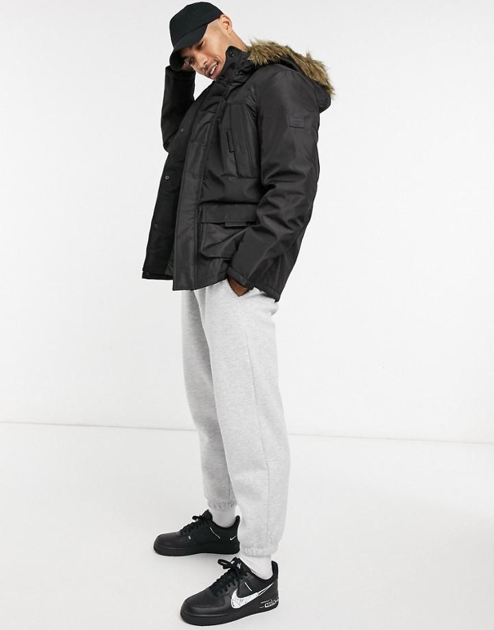Jack & Jones Parka With Faux Fur Trim In Black