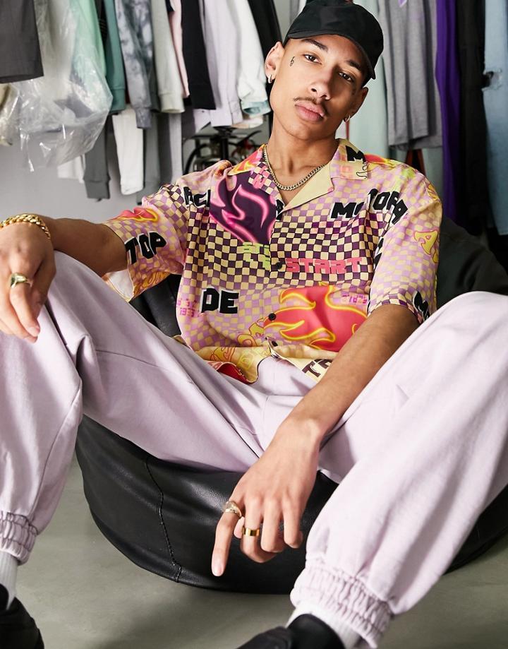 Pull & Bear Shirt With Multi Racing Print In Pink - Part Of Set-white