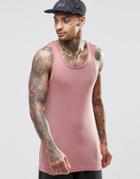 Asos Rib Longline Muscle Sleeveless T-shirt With Raw Edge In Pink - Pink