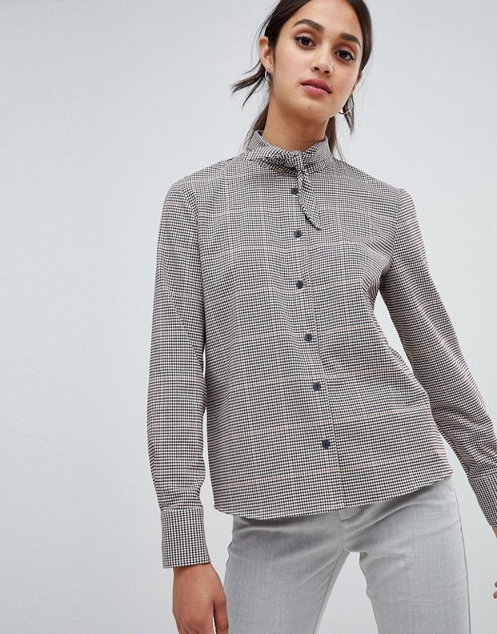 Bershka Mini Check Tie Neck Shirt - Multi