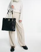 River Island Patent Quilted Shopper Bag With Charm Detail In Black