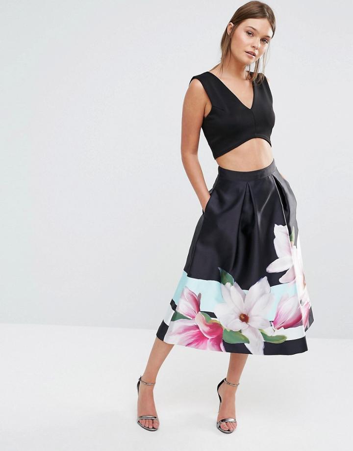 Ted Baker Carolee Full Midi Skirt In Magnolia Stipe Print - Navy
