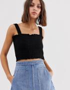 Weekday Shirred Crop Top With Straps In Black - Black