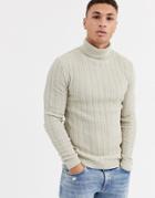 Asos Design Muscle Fit Cable Roll Neck Sweater In Beige-yellow