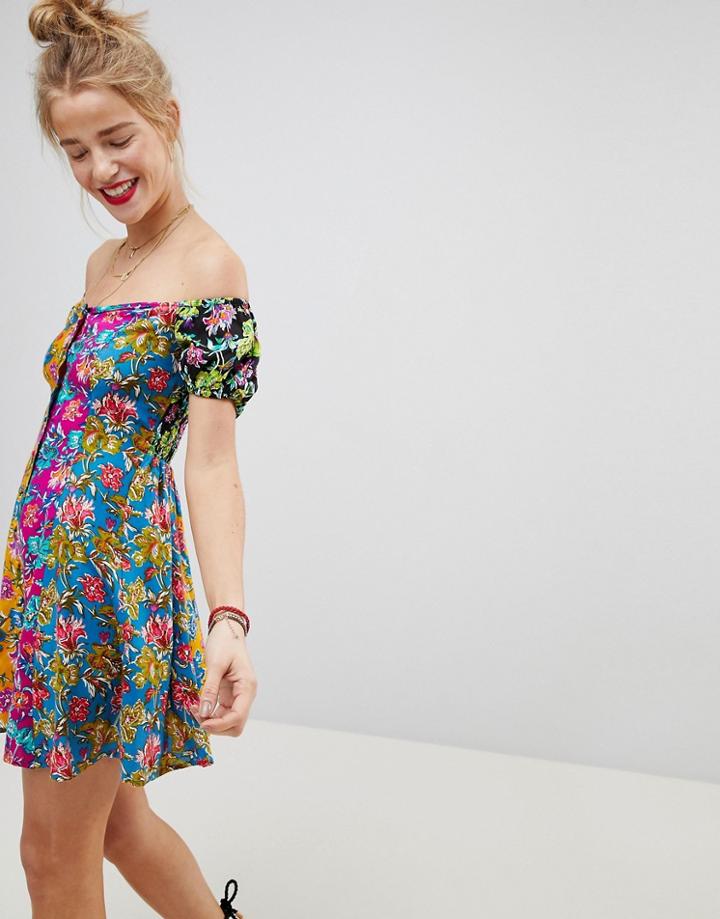 Asos Off The Shoulder Mixed Print Button Through Sundress - Multi