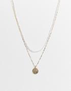 Asos Design Multirow Necklace With Small Faux Pearl And Coin Pendant In Gold Tone