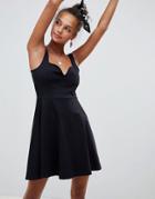 Asos Design Mini Skater Dress With Sweetheart Neckline-black