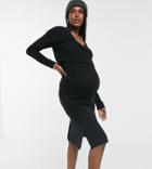 Asos Design Maternity Super Soft Long Sleeve Overlay Midi Dress In Black