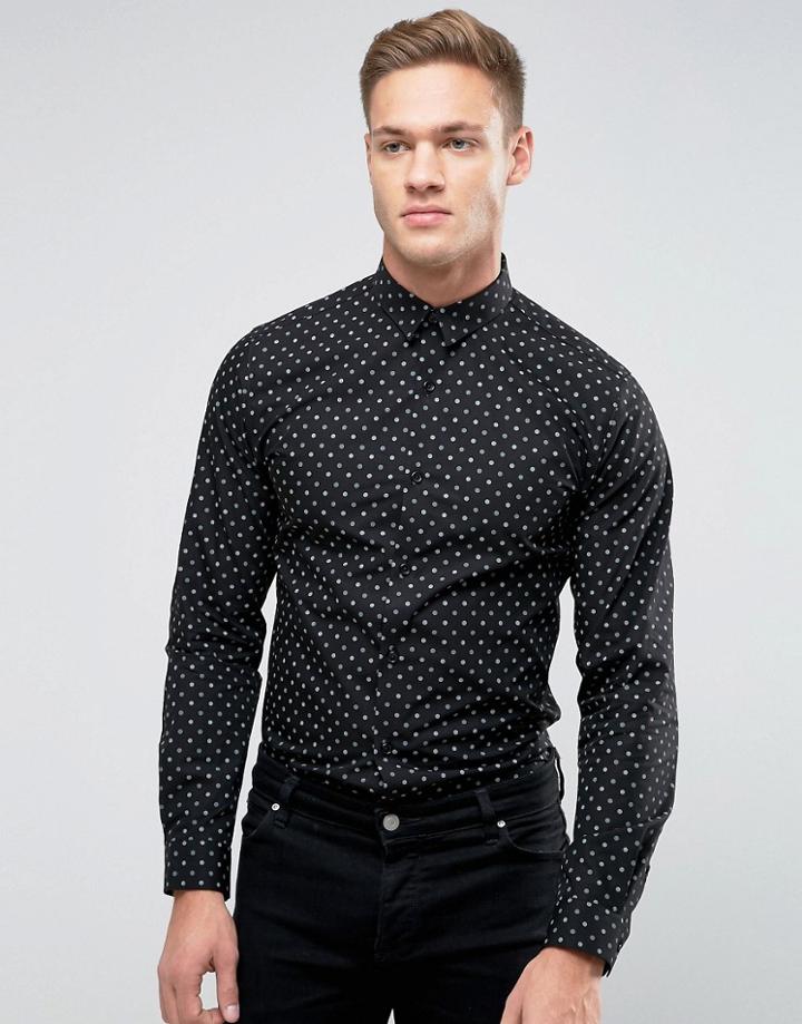 Selected Homme Slim Shirt In Polka Print - Black