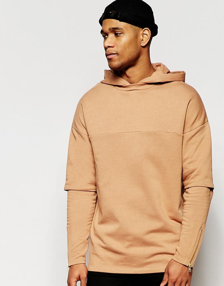 Asos Longline Oversized Hoodie With Double Layer Sleeves & Zips - Camel