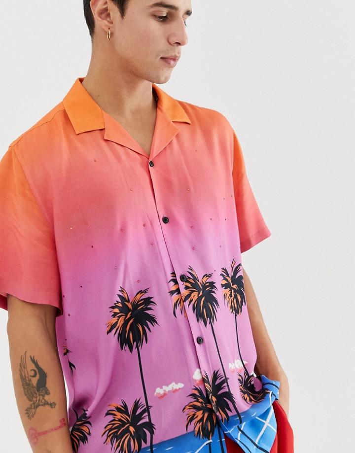 Asos Design Relaxed Fit Shirt In Hawaiian Palm Print With Gems - Pink