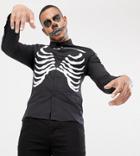 Asos Design Tall Halloween Skinny Skeleton Rib Cage Printed Shirt In Black - Black