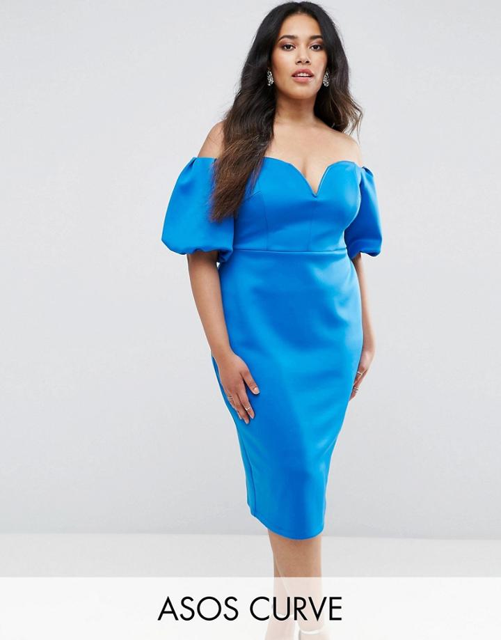 Asos Curve Scuba Puff Sleeve Bardot Midi Dress - Blue