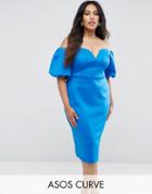 Asos Curve Scuba Puff Sleeve Bardot Midi Dress - Blue