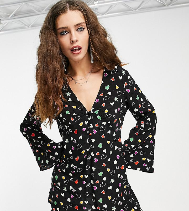 Topshop Bell Sleeve Jacquard Satin Heart Mini Dress In Black