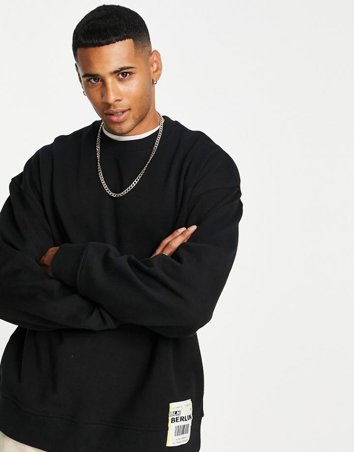 Topman Oversized Berlin Woven Tab Sweatshirt In Black