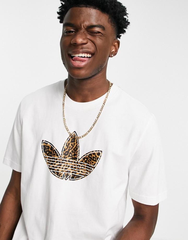 Adidas Originals Leopard Print Trefoil Infill T-shirt In White