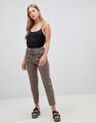 New Look Tie Waist Tapered Check Pants - Brown
