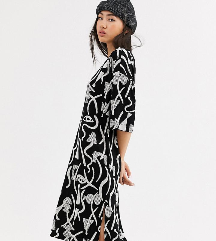 Monki Abstract Print Midi T-shirt Dress In Black And White