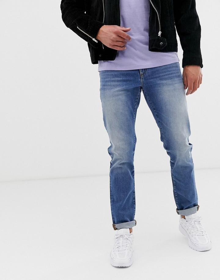 Asos Design 12.5oz Slim Jeans In Vintage Mid Wash Blue With Abrasions - Blue