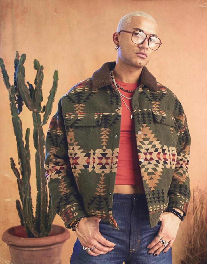 Asos Design Oversized Western Jacket In Khaki Pattern And Contrast Borg Collar-green