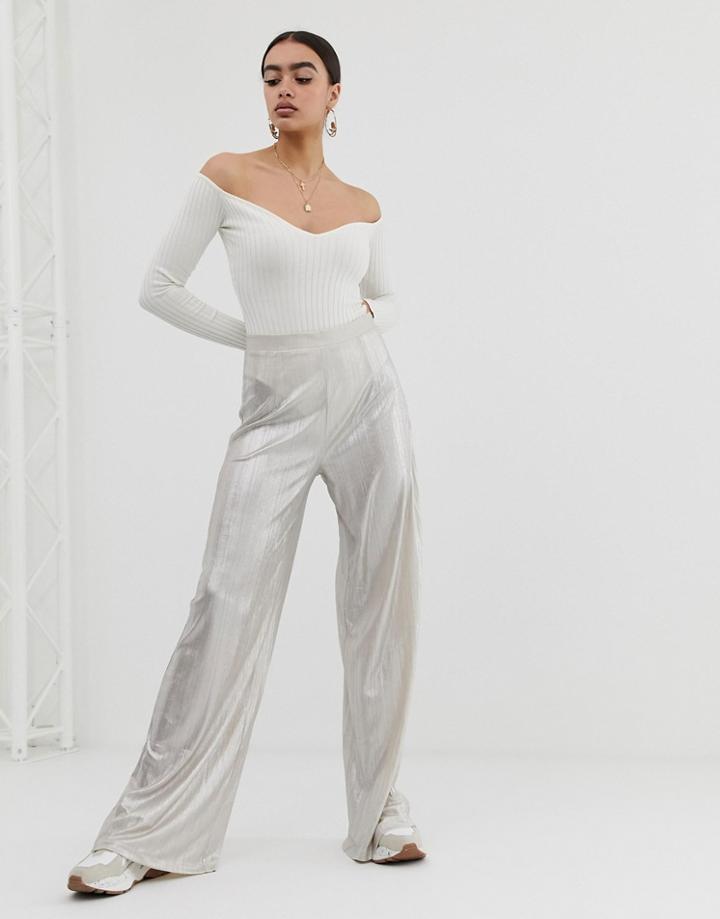 In The Style Metallic Wide Leg Pants-silver
