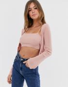 Asos Design Rib Cropped Cardi With Two Buttons - Pink