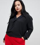 Asos Design Curve Long Sleeve Wrap Top With Collar Detail-black