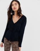 Monki V-neck Button Up Blouse In Black