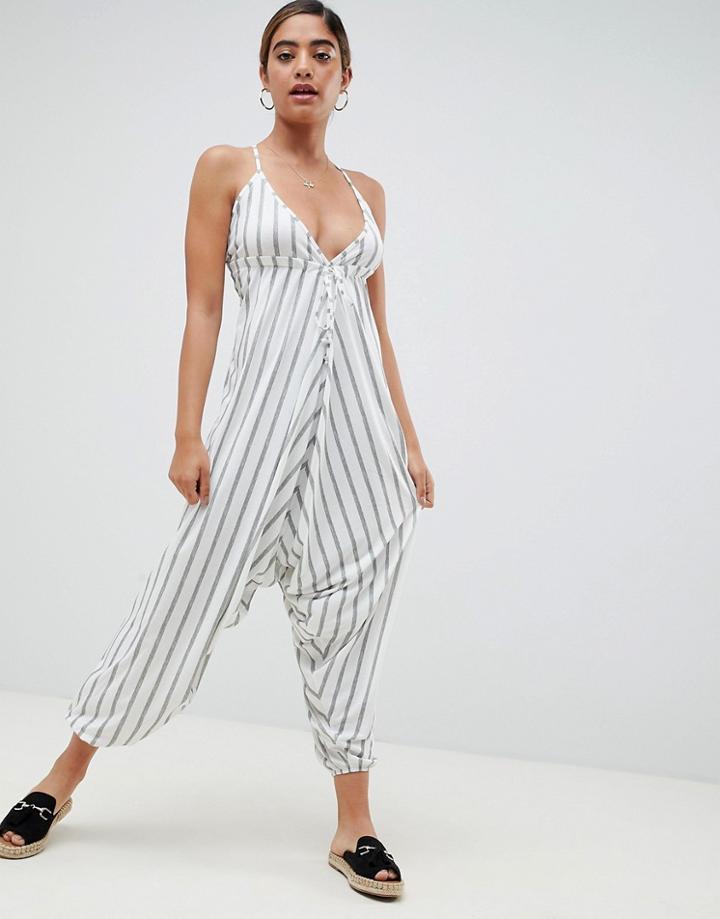 Asos Design Jersey Jumpsuit With Drop Crotch And Harem Pant In Stripe Print - Multi