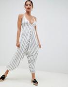 Asos Design Jersey Jumpsuit With Drop Crotch And Harem Pant In Stripe Print - Multi