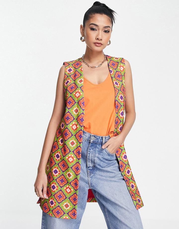 Never Fully Dressed Longline Sleeveless Blazer In Pink Geometric Print - Part Of A Set