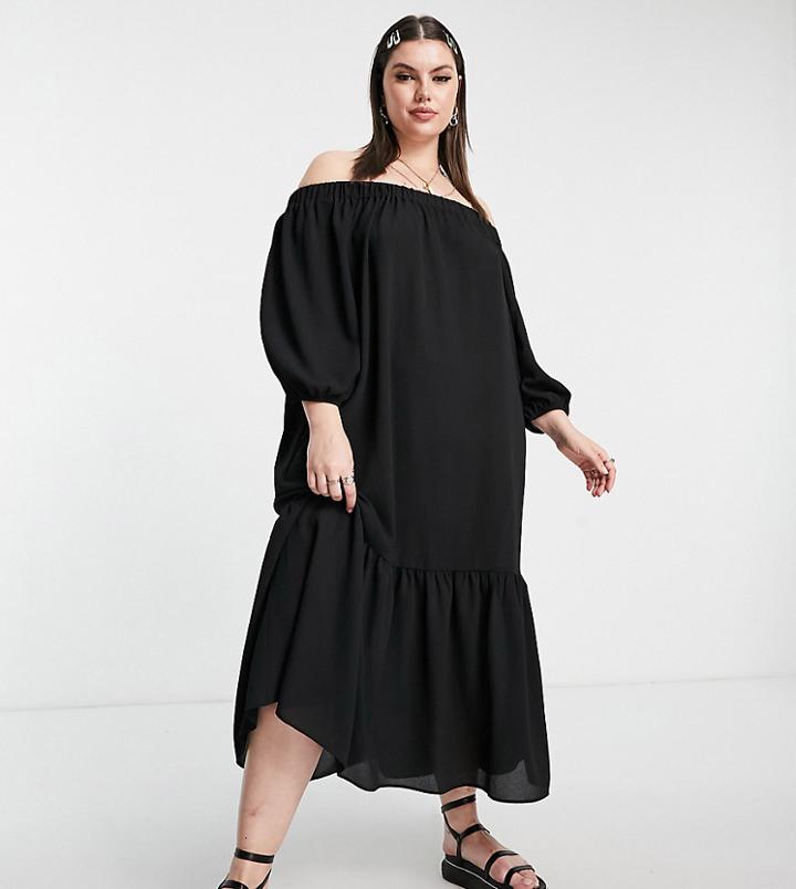 Asos Design Curve Off Shoulder Trapeze Maxi Dress With Peplum In Black