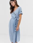 Boohoo Button Through Midi Dress With Belted Waist In Pale Blue - Yellow