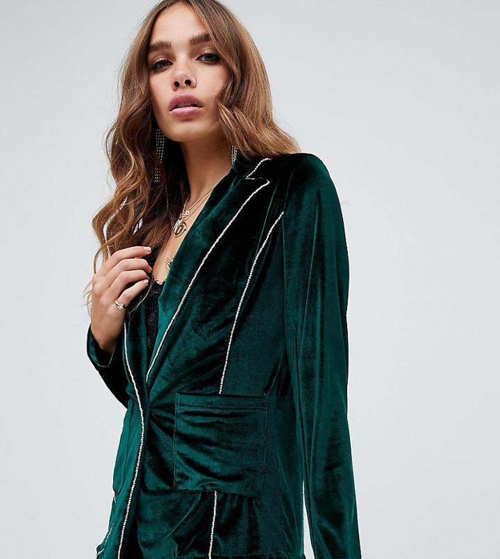 Dusty Daze Fitted Velvet Blazer With Rhinestone Trim Two-piece - Green