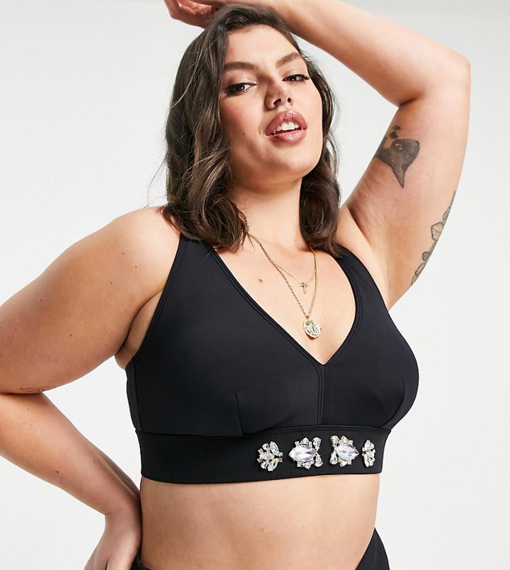 River Island Plus Jewel High Apex Bikini Top In Black