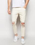 Asos Skinny Jeans In Cropped Length With Extreme Rips - Ecru