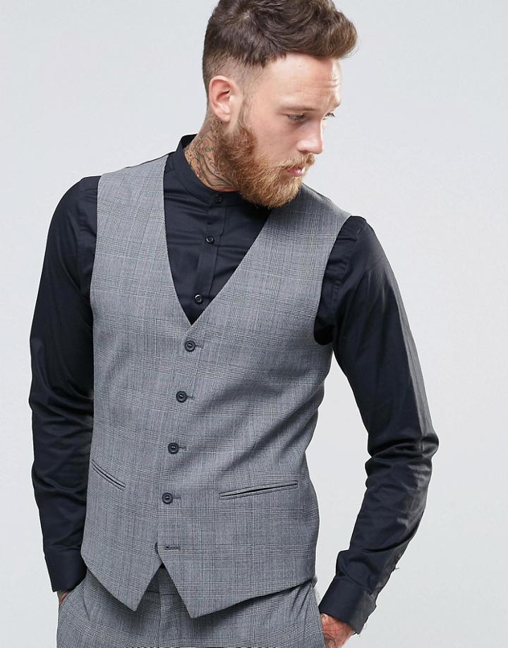 Religion Super Skinny Vest In Check With Stretch - Black