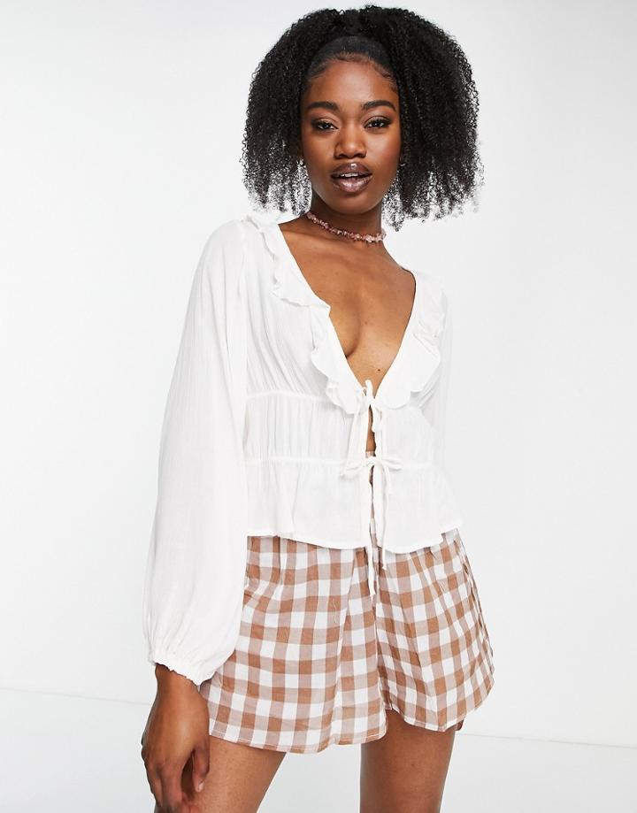 Stradivarius Crinkle Ruffle Blouse In White-neutral