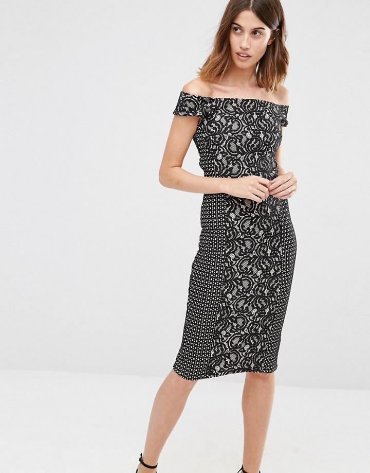 Warehouse Off The Shoulder Premium Lace Pencil Dress - Multi