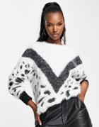Qed London Fluffy Knit Chevron Animal Print Sweater In White-multi