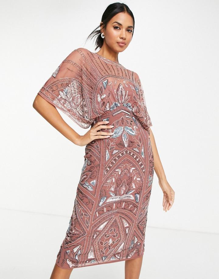 Asos Design Batwing Embellished Pencil Midi Dress In Stone-pink