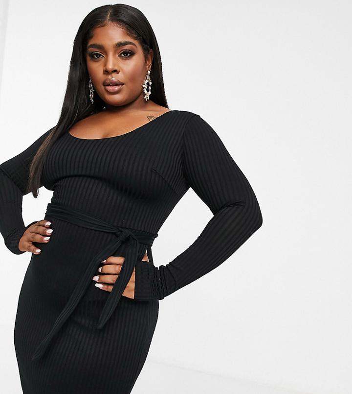 Club L London Plus Scoop Neck High Thigh Split Midi Dress With Belt In Black