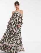 Asos Edition Off Shoulder Embroidered Maxi Dress-multi