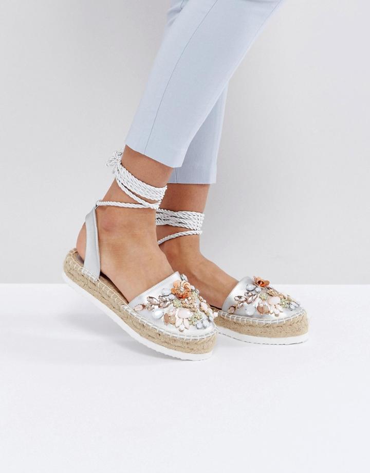Asos Jersey City Embellished Tie Leg Espadrilles - Silver