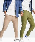 Asos Design 2 Pack Extreme Super Skinny Chinos In Khaki And Beige Save - Multi