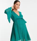 Asos Design Maternity Textured Pleated Wrap Mini Dress In Antique Green